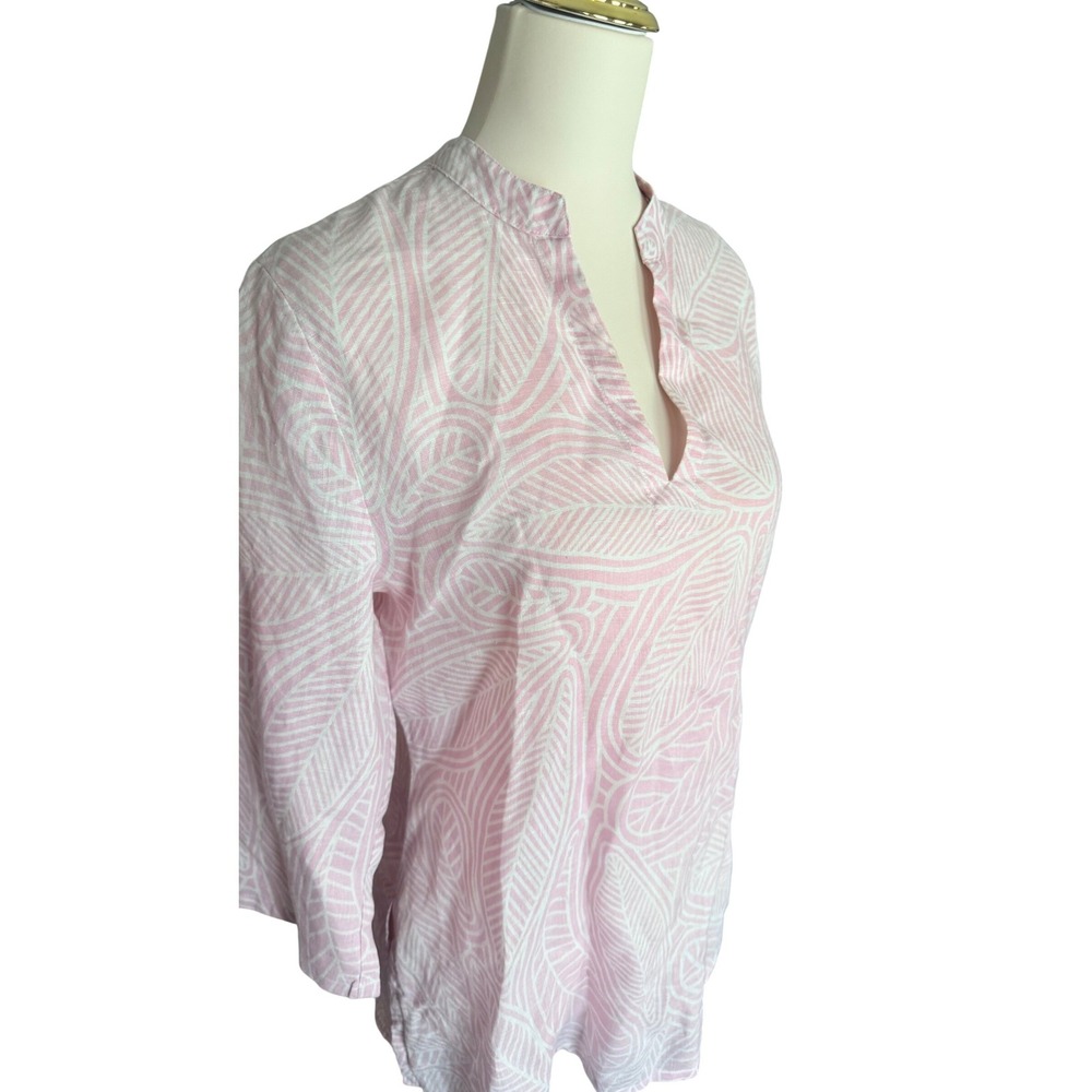 Island Company Mandarin Beach Tunic Pink White Leaf Print 100%‎ Linen Womens M - Picture 3 of 11